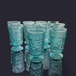 Set of 10 MCM Anchor Hocking Milano Aqua Blue Footed Crinkle Small Tumblers
